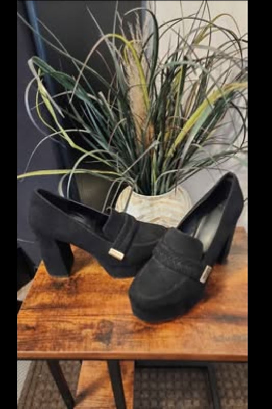 High chunk heeled black Mary Jane  style shoes